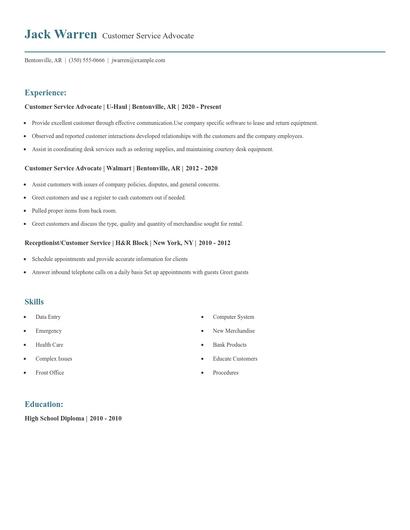 Customer Service Advocate Resume