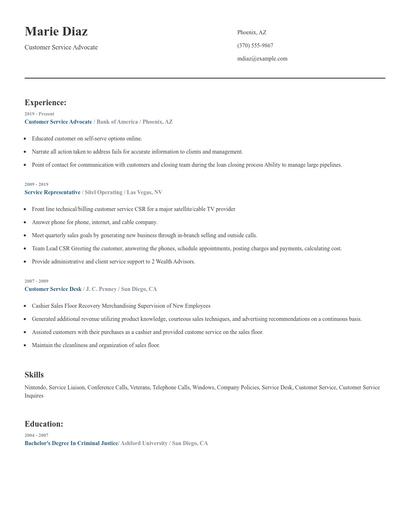 Customer Service Advocate Resume