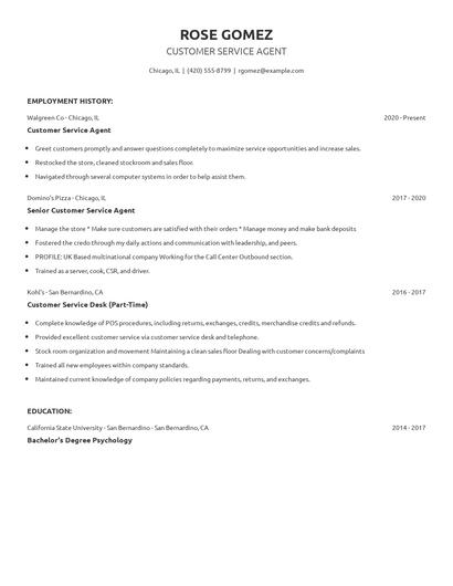 Customer Service Agent Resume