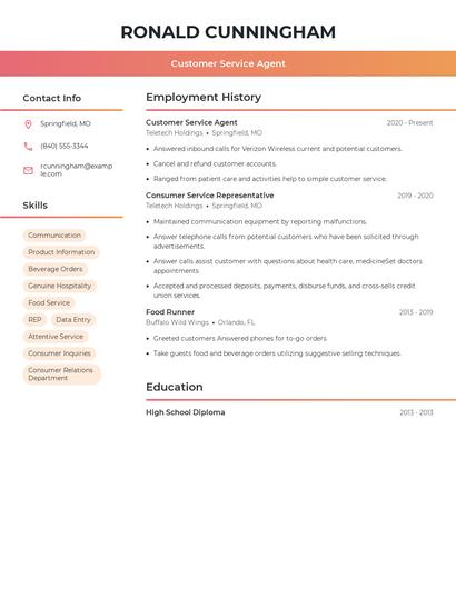 Customer Service Agent Resume