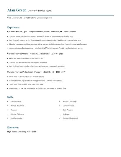 Customer Service Agent Resume