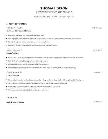 Customer Service And Serving Resume
