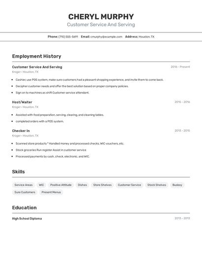Customer Service And Serving Resume