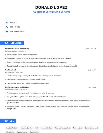 Customer Service And Serving Resume