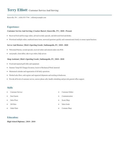 Customer Service And Serving Resume