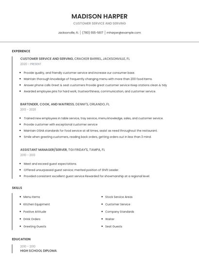 Customer Service And Serving Resume