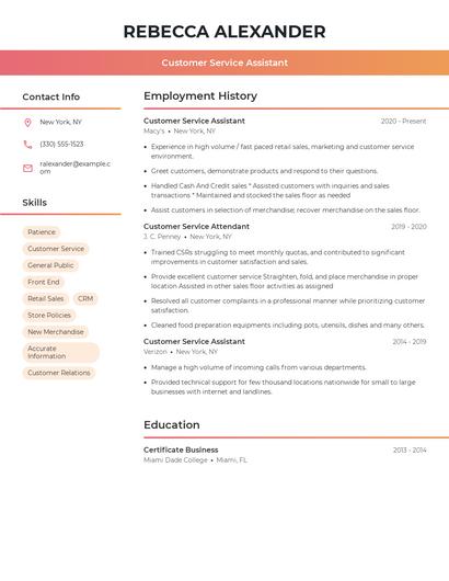 Customer Service Assistant Resume