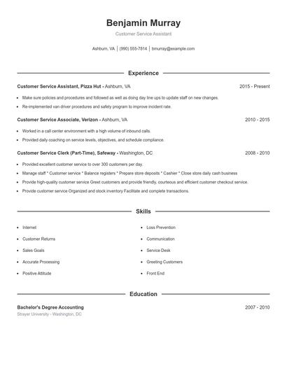 Customer Service Assistant Resume