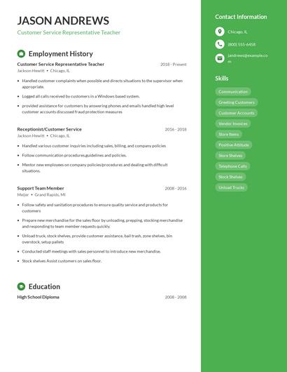 Customer Service Representative Teacher Resume