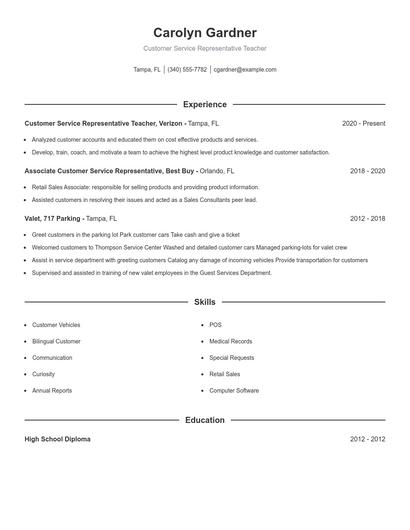 Customer Service Representative Teacher Resume