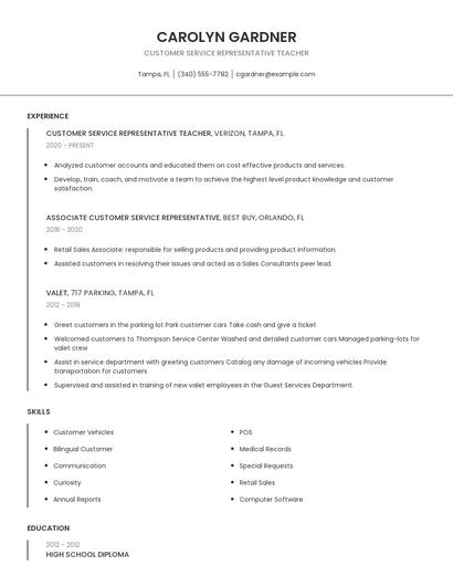 Customer Service Representative Teacher Resume