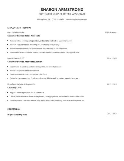 Customer Service Retail Associate Resume