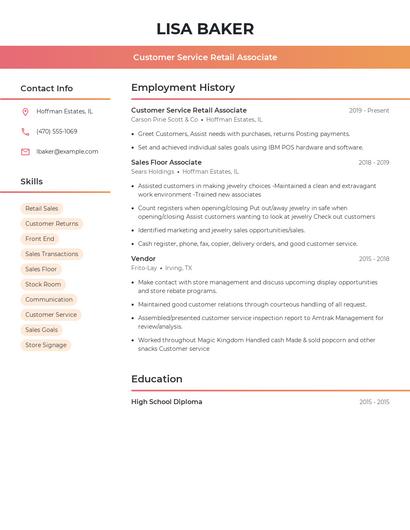 Customer Service Retail Associate Resume