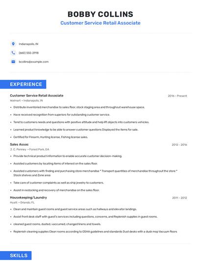 Customer Service Retail Associate Resume