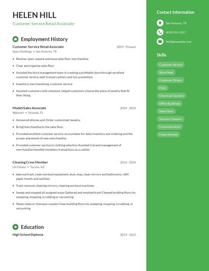 Customer Service Retail Associate Resume