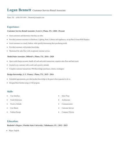 Customer Service Retail Associate Resume