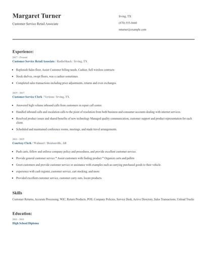 Customer Service Retail Associate Resume