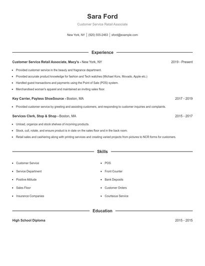 Customer Service Retail Associate Resume