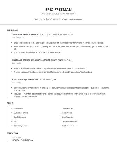 Customer Service Retail Associate Resume