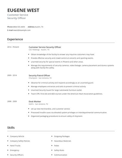 Customer Service Security Officer Resume