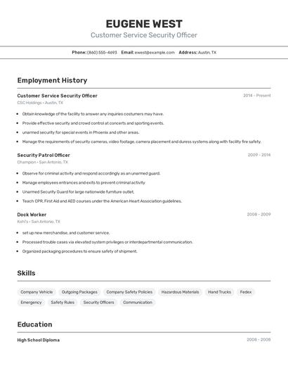 Customer Service Security Officer Resume