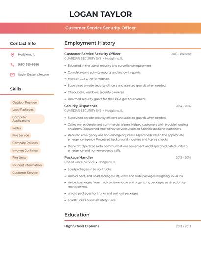 Customer Service Security Officer Resume