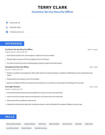 Customer Service Security Officer Resume