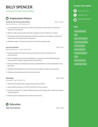 Customer Service Security Officer Resume