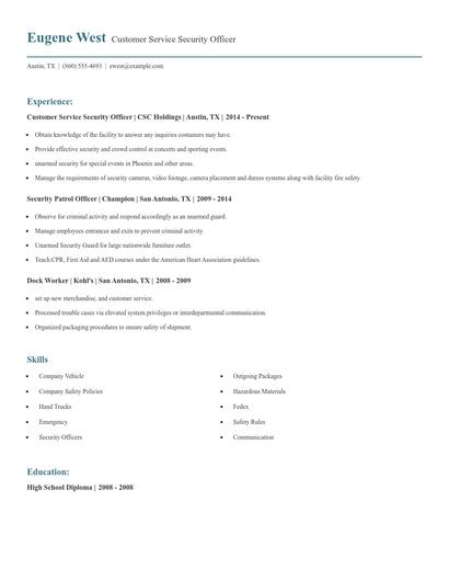 Customer Service Security Officer Resume