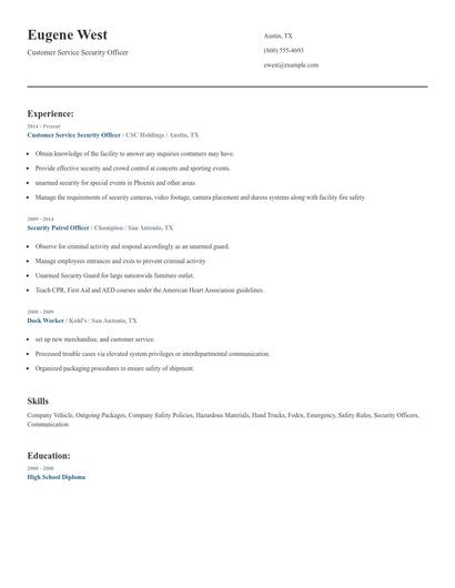 Customer Service Security Officer Resume