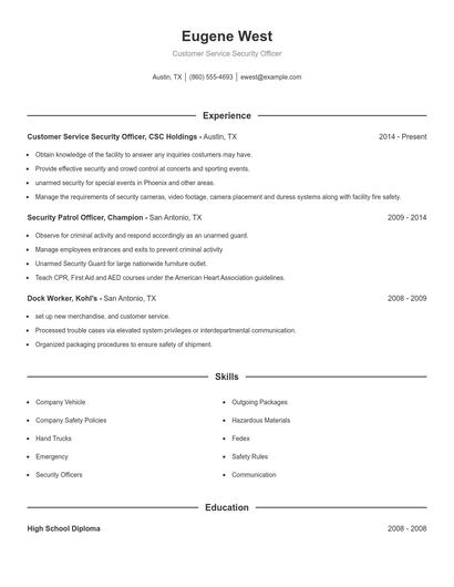 Customer Service Security Officer Resume