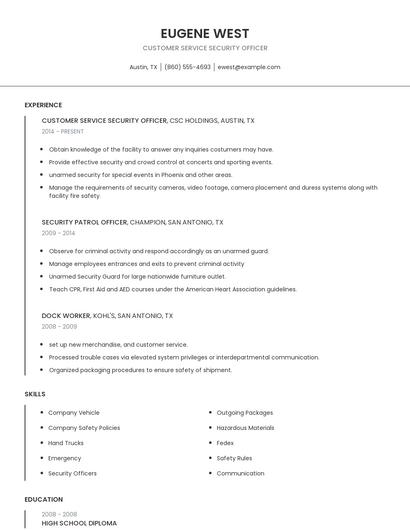 Customer Service Security Officer Resume