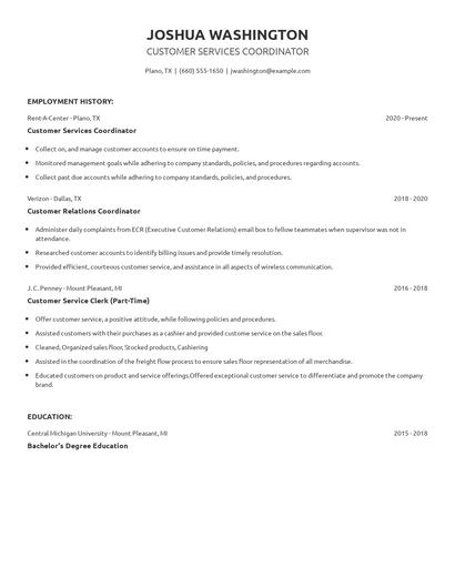 Customer Services Coordinator Resume