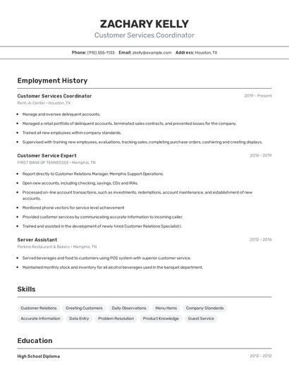 Customer Services Coordinator Resume