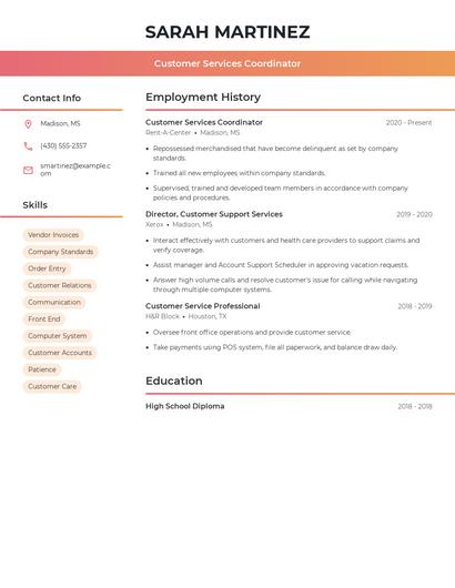 Customer Services Coordinator Resume