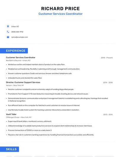 Customer Services Coordinator Resume