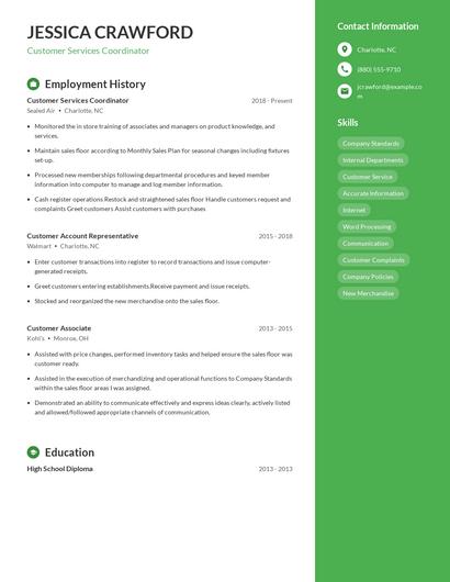 Customer Services Coordinator Resume