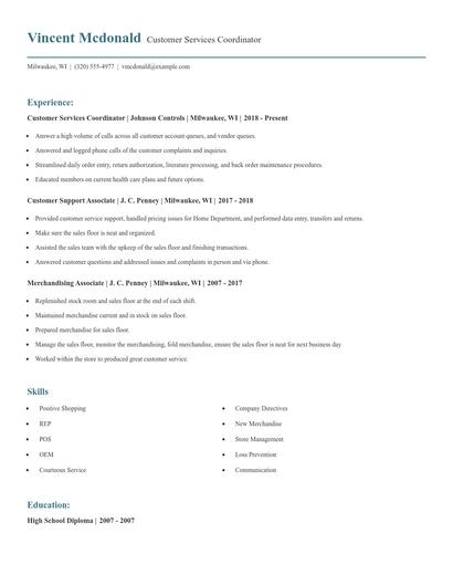 Customer Services Coordinator Resume