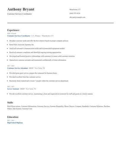 Customer Services Coordinator Resume
