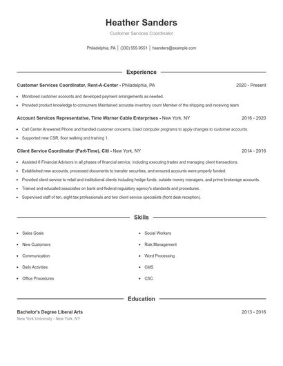 Customer Services Coordinator Resume