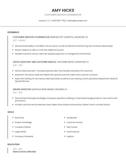 Customer Services Coordinator Resume