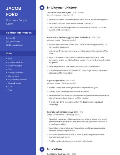Customer Support Agent Resume