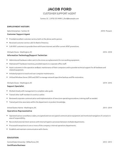 Customer Support Agent Resume