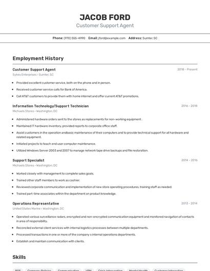 Customer Support Agent Resume
