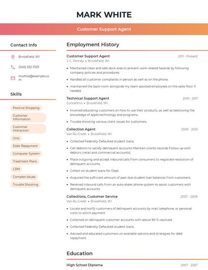 Customer Support Agent Resume
