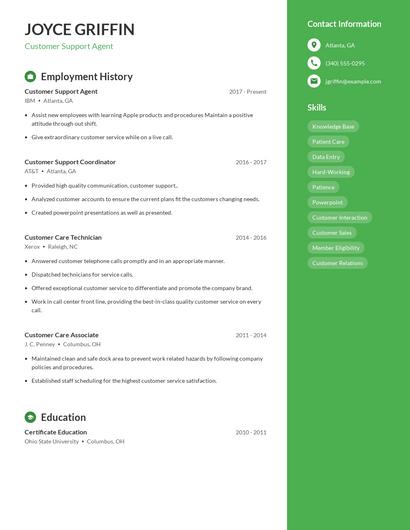 Customer Support Agent Resume