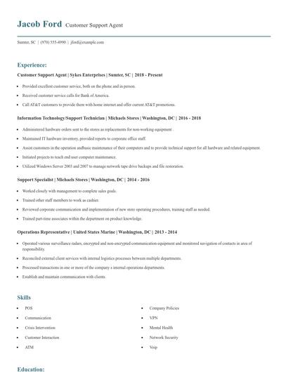 Customer Support Agent Resume