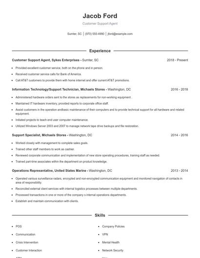Customer Support Agent Resume