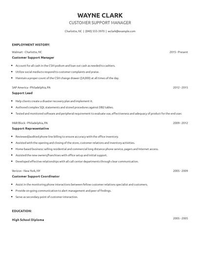 Customer Support Manager Resume