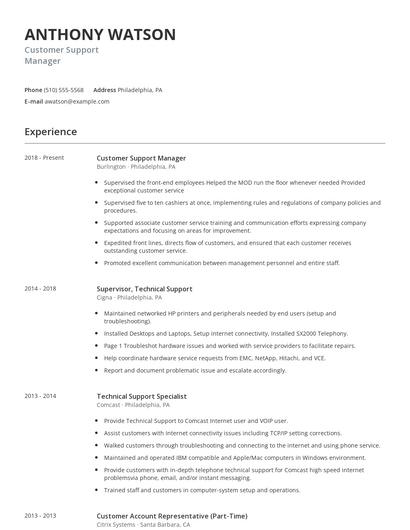 Customer Support Manager Resume